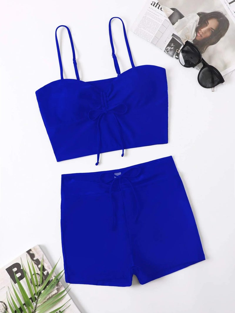 Lilosy High Waisted Tummy Control Drawstring Bikini Set String Swimsuit Cami Top and Tie Side Shorts 2 Piece Women Bathing Suit Royal Blue Medium - Image 3