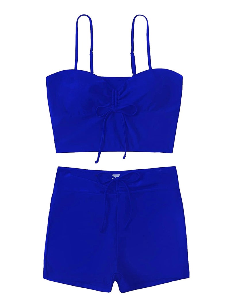 Lilosy High Waisted Tummy Control Drawstring Bikini Set String Swimsuit Cami Top and Tie Side Shorts 2 Piece Women Bathing Suit Royal Blue Medium - Image 4