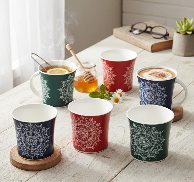 Femora Handblock Multicolor Cups Set of 6, 160ML, Microwave Safe, Ceramic - Image 1