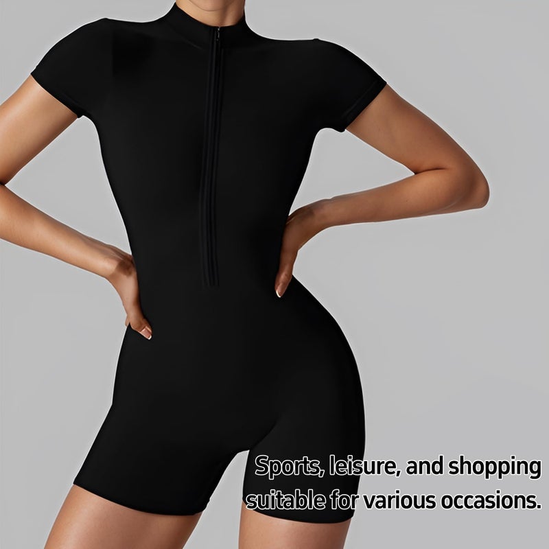 QFE Women Bodysuit Zip Tummy Control Yoga Workout Work Out Gym Sets for Athletic Rompers Romper Leotards One Piece Jumpsuits Outfit Body Suits Shorts Sleeve Stretch Neck Ribbedsuits Sexy Black Medium - Image 3