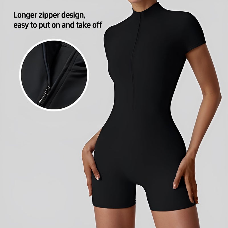 QFE Women Bodysuit Zip Tummy Control Yoga Workout Work Out Gym Sets for Athletic Rompers Romper Leotards One Piece Jumpsuits Outfit Body Suits Shorts Sleeve Stretch Neck Ribbedsuits Sexy Black Medium - Image 2