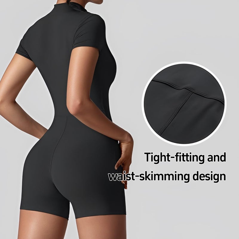 QFE Women Bodysuit Zip Tummy Control Yoga Workout Work Out Gym Sets for Athletic Rompers Romper Leotards One Piece Jumpsuits Outfit Body Suits Shorts Sleeve Stretch Neck Ribbedsuits Sexy Black Medium - Image 4