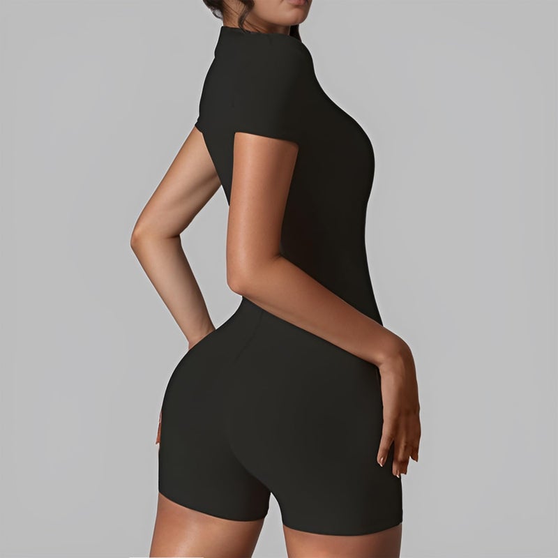QFE Women Bodysuit Zip Tummy Control Yoga Workout Work Out Gym Sets for Athletic Rompers Romper Leotards One Piece Jumpsuits Outfit Body Suits Shorts Sleeve Stretch Neck Ribbedsuits Sexy Black Medium - Image 5