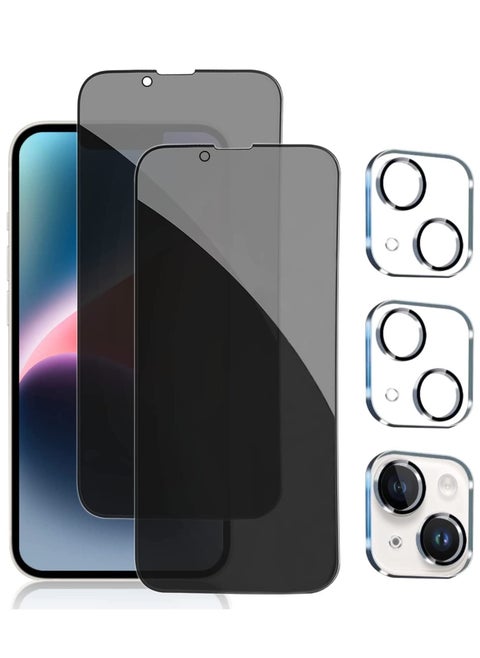 [2+2 Pack] iPhone 14 Plus Privacy Screen Protector with Camera Lens Protector Full Coverage Anti-Spy Tempered Glass Film 9H Hardness Upgrade Edge Protection Easy Installation Bubble Free Specially De
