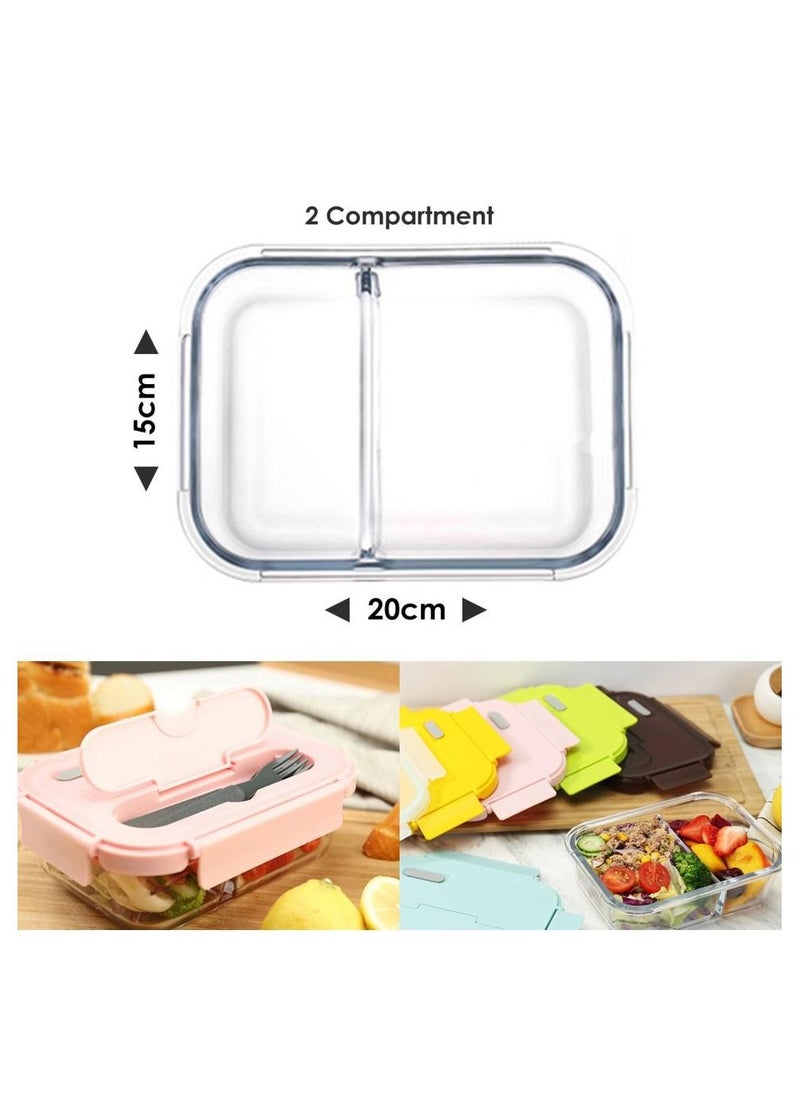 Alissa - Glass Lunch Box Meal Prep Containers Food Storage Box with Lid Leak-proof Lunch Container Microwavable 1000ML Capacity（Equipped with knife and fork） (Pink-2-compartment) - Image 1