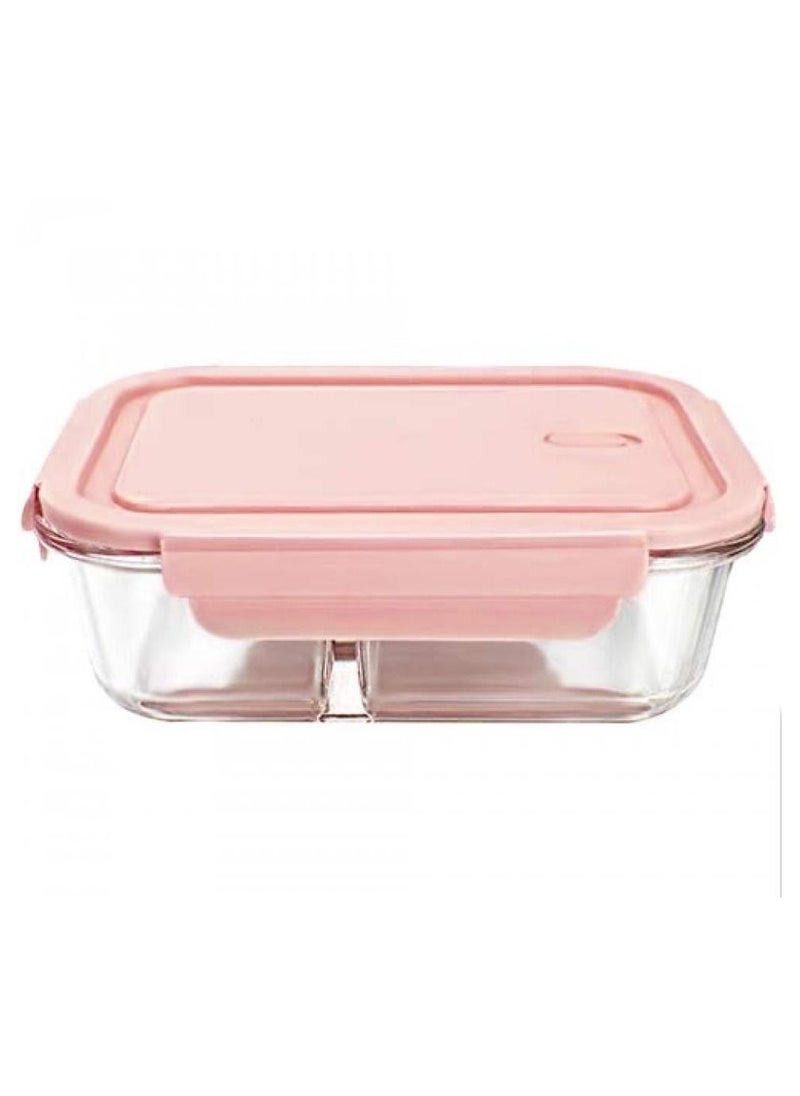 Alissa - Glass Lunch Box Meal Prep Containers Food Storage Box with Lid Leak-proof Lunch Container Microwavable 1000ML Capacity（Equipped with knife and fork） (Pink-2-compartment) - Image 1