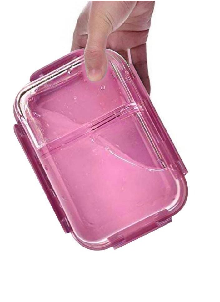 Alissa - Glass Lunch Box Meal Prep Containers Food Storage Box with Lid Leak-proof Lunch Container Microwavable 1000ML Capacity（Equipped with knife and fork） (Pink-2-compartment) - Image 1