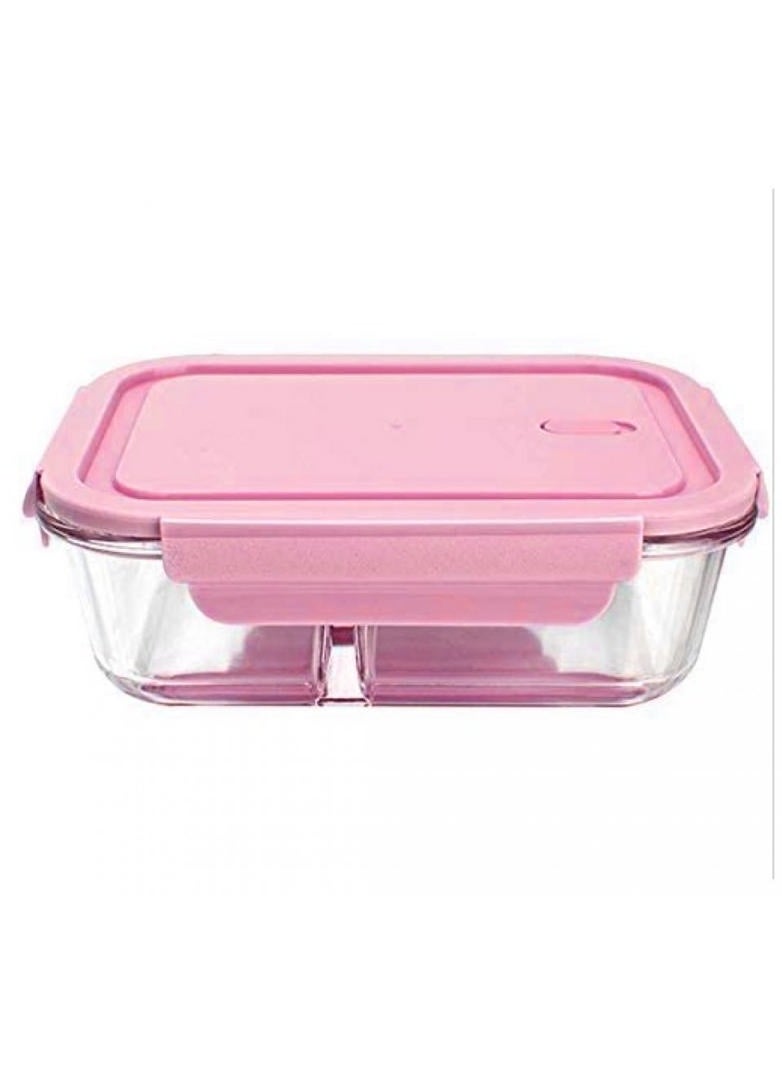 Alissa - Glass Lunch Box Meal Prep Containers Food Storage Box with Lid Leak-proof Lunch Container Microwavable 1000ML Capacity（Equipped with knife and fork） (Pink-2-compartment) - Image 1