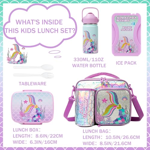Oruiji Mermaid Bento Box for Kids Lunch Boxs for Girls Bento Lunch Box for Kids Lunch Box Set with 5 Compartments Stainless Steel Water Bottle, Lunch Bag, Ice Pack Set Back to School Supplies - Image 2