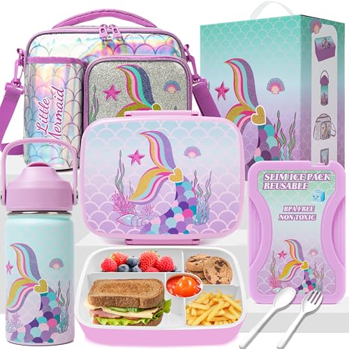 Oruiji Mermaid Bento Box for Kids Lunch Boxs for Girls Bento Lunch Box for Kids Lunch Box Set with 5 Compartments Stainless Steel Water Bottle, Lunch Bag, Ice Pack Set Back to School Supplies - Image 1