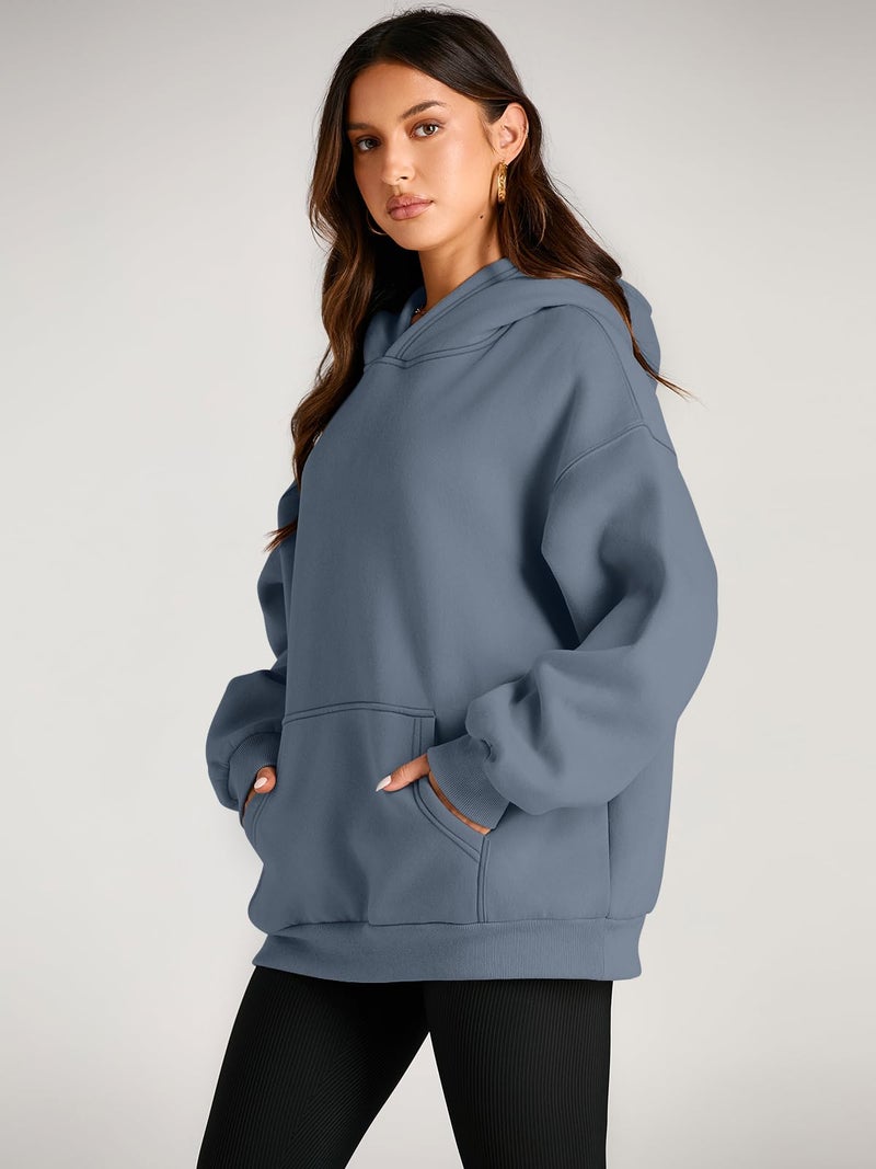 EFAN Women's Oversized Fleece Hoodie, Cozy Plush Pullover Sweatshirt with Pocket GreyBlue M - Image 3