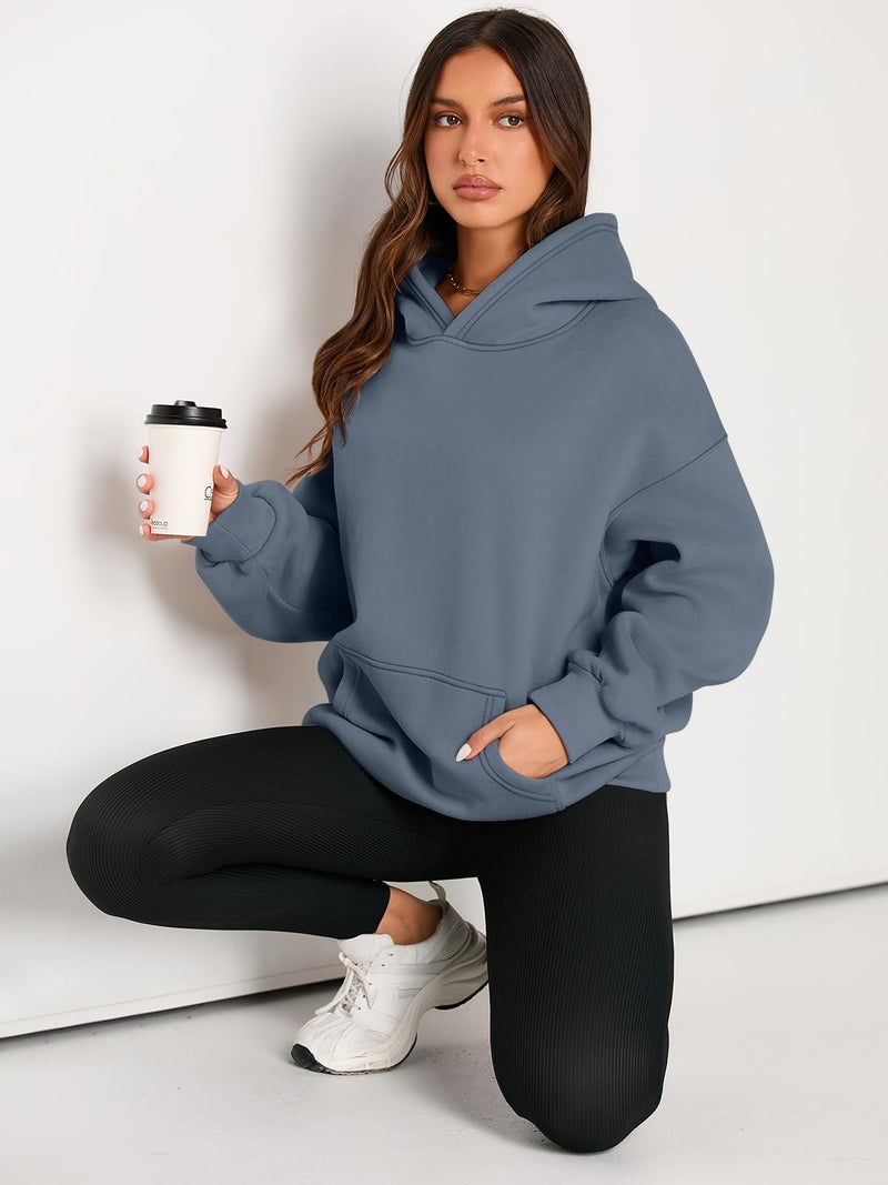 EFAN Women's Oversized Fleece Hoodie, Cozy Plush Pullover Sweatshirt with Pocket GreyBlue M - Image 5