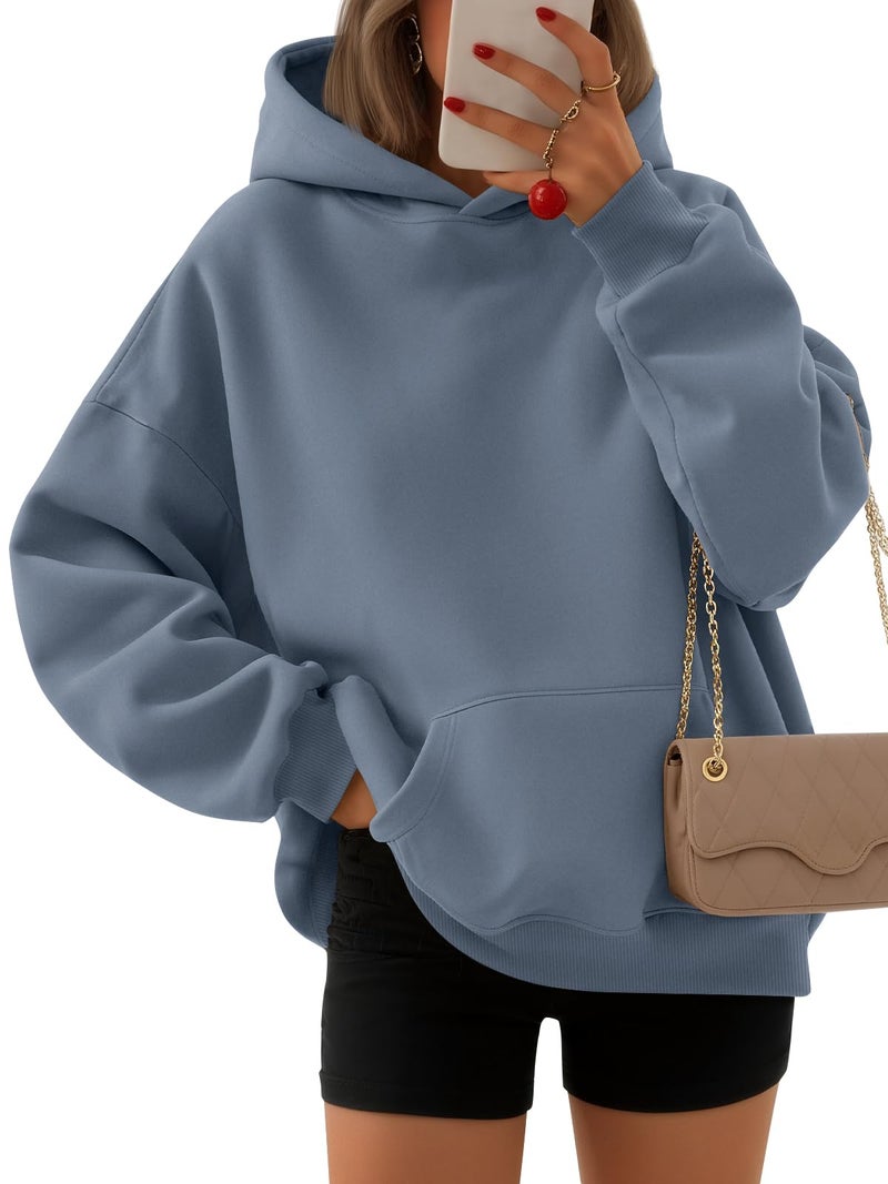 EFAN Women's Oversized Fleece Hoodie, Cozy Plush Pullover Sweatshirt with Pocket GreyBlue M - Image 1