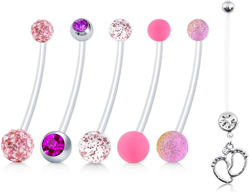 JFORYOU Pregnancy Maternity Flexible Bioplast Long Belly Button Rings Navel Retainer Body Piercing 14G 1&1/2 Inch Length Varied Style - Image 1