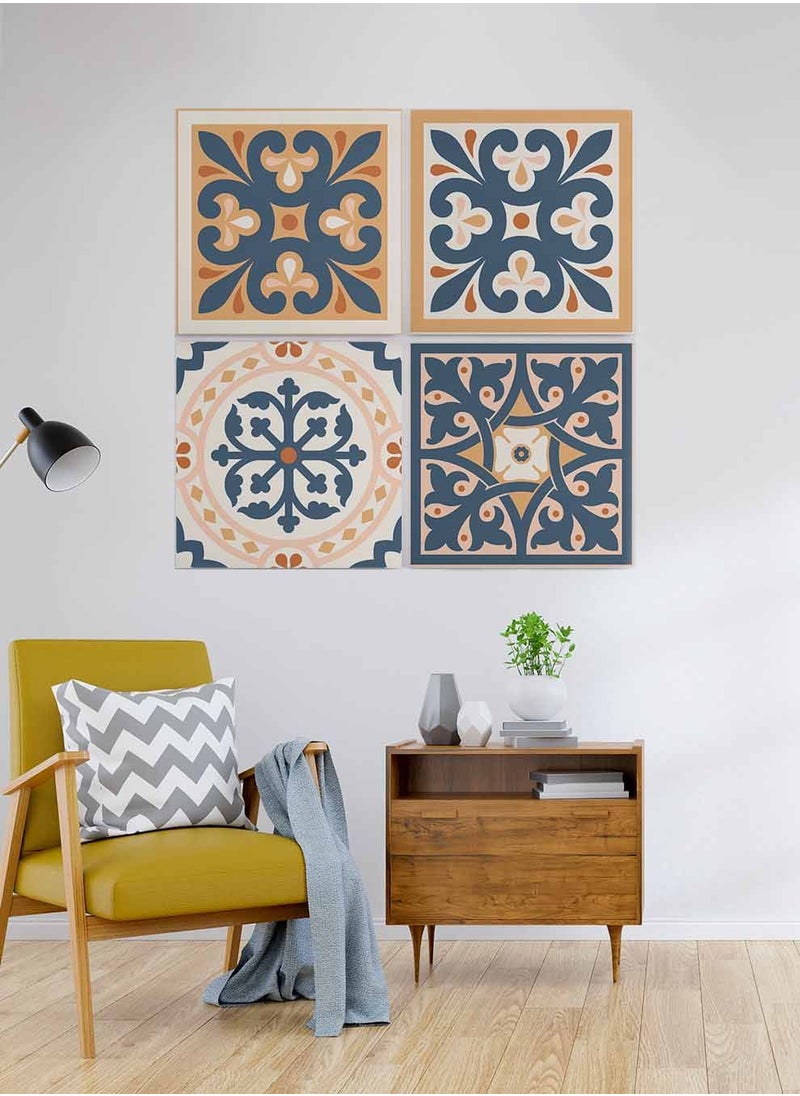 LOWHA Set Of 4 Framed Square Canvas Wall Arts Stretched Over Wooden Frame, Azulejo Art Painting, For Home, Living Room, Office Decor  - Image 1