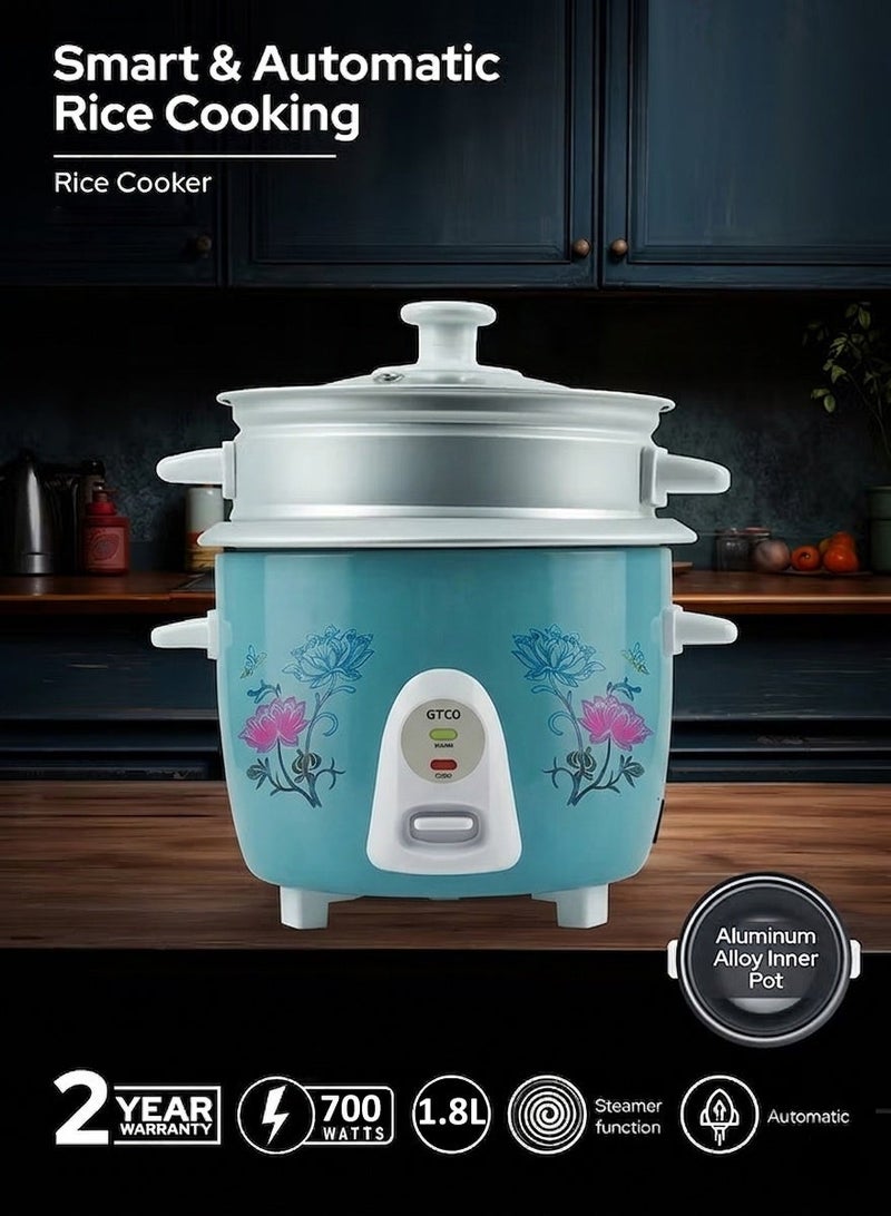 GITCO 3 in 1 Electric Rice Cooker 1.8 L With Non-Stick Inner Pot, Stainless Steel Lid, A Rice Scoop and Measuring Cup, Includes Cook, Steam and Keep Warm Function with Indicator Light/ Cool Touch Handle with Aluminum Outer Steamer 700 W GRC8001 - Image 3