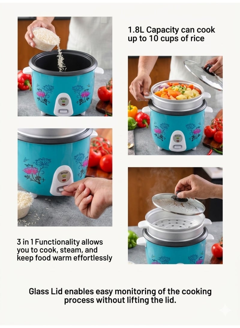 GITCO 3 in 1 Electric Rice Cooker 1.8 L With Non-Stick Inner Pot, Stainless Steel Lid, A Rice Scoop and Measuring Cup, Includes Cook, Steam and Keep Warm Function with Indicator Light/ Cool Touch Handle with Aluminum Outer Steamer 700 W GRC8001 - Image 2