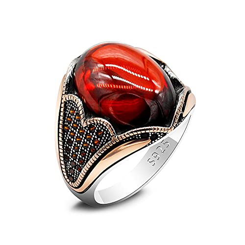 LovePlus Solid Silver Men Rings Red Garnet Stone Men's Ring Handmade Turkish Vintage Ring Luxury Jewelry Bands - Image 5