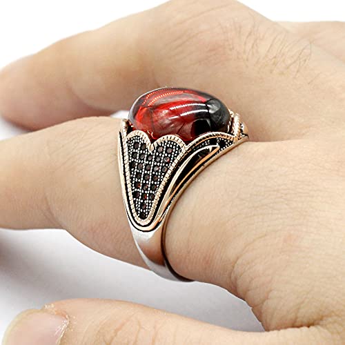 LovePlus Solid Silver Men Rings Red Garnet Stone Men's Ring Handmade Turkish Vintage Ring Luxury Jewelry Bands - Image 4