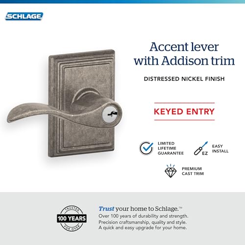 SCHLAGE Accent Lever with Addison Trim Keyed Entry Lock in Distressed Nickel F51A ACC 621 ADD - Image 3