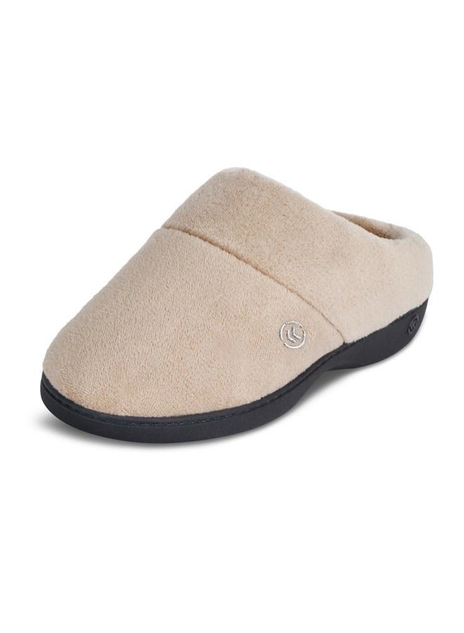 Isotoner Women's Cozy Terry Hoodback Clog Slipper with Soft Memory Foam, Comfort Arch Support, and an Indoor/Outdoor Sole, Taupe, 37/38 EU - Image 1