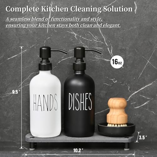 MOMEEMO Soap Dispenser for Kitchen Sink Comes with Stainless Pumps Instant Dry Tray and Dish Scrub Brush Suitable for Black and White Kitchen Decor Black White - Image 3