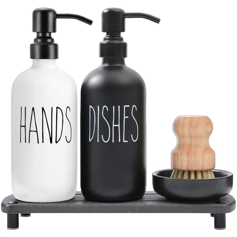 MOMEEMO Soap Dispenser for Kitchen Sink Comes with Stainless Pumps Instant Dry Tray and Dish Scrub Brush Suitable for Black and White Kitchen Decor Black White - Image 2