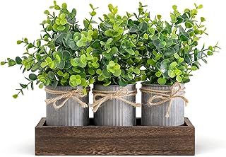 Dahey Decorative Galvanized Metal Pots Centerpiece Decor Wood Tray with Artificial Flowers, 3 Buckets with Eucalyptus, - Image 1