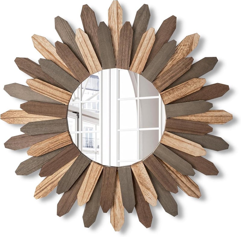 Emfogo Wall Mirror 21 inch Large Rustic Wood Boho Mirror Wall Decor Boho Room Decor Home Decor Aesthetic Farmhouse Decor for Bedroom Living Room Entryway(Tri-Color) - Image 1
