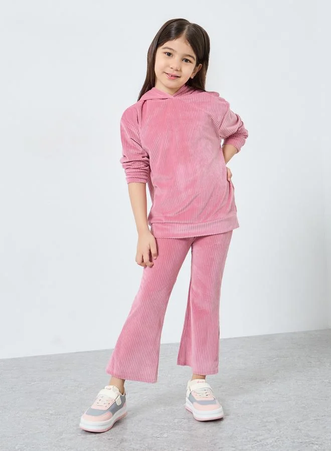 Styli Styli Girls Pink Corduroy Hoodie and Flared Legging Set