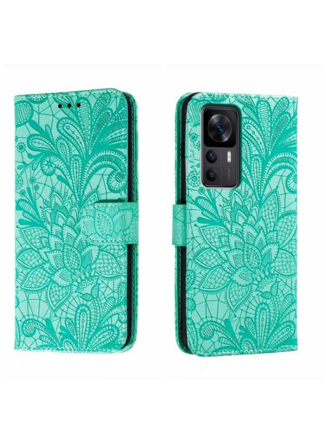 Case Cover For Xiaomi Redmi K50 Ultra Lace Flower Embossing Flip Leather Phone Case Green