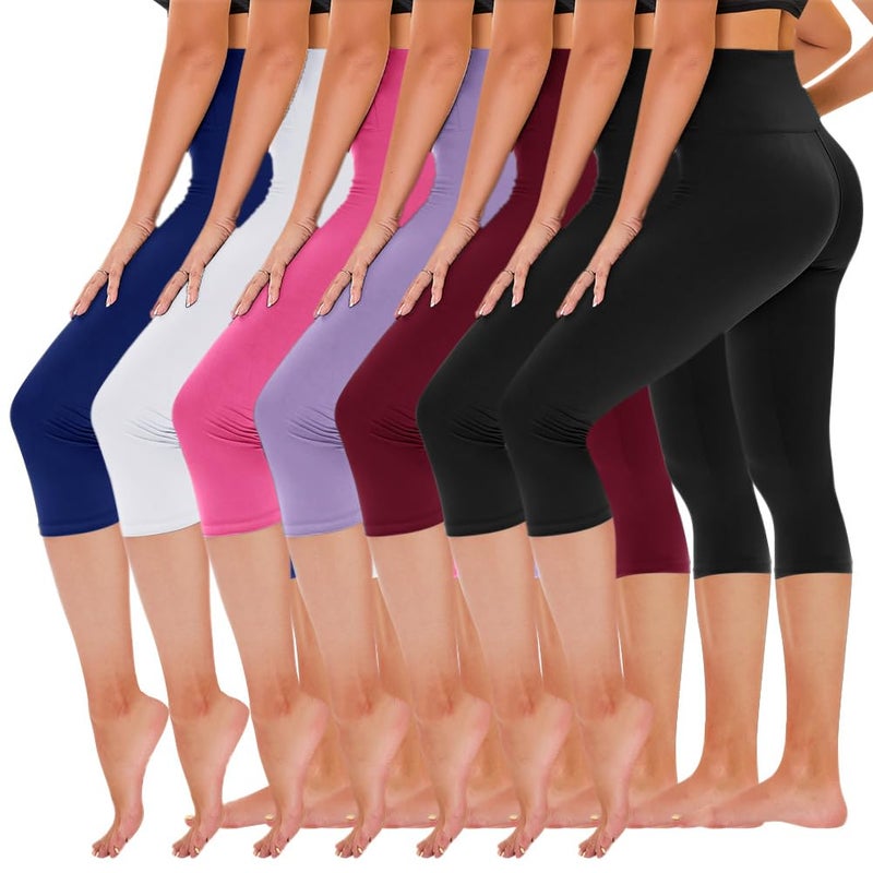 TNNZEET 7 Pack Capri Leggings for Women - High Waisted Tummy Control Yoga Pants for Workout Gym Black Wine Red Light Purple Pink White Royal Blue - Image 1