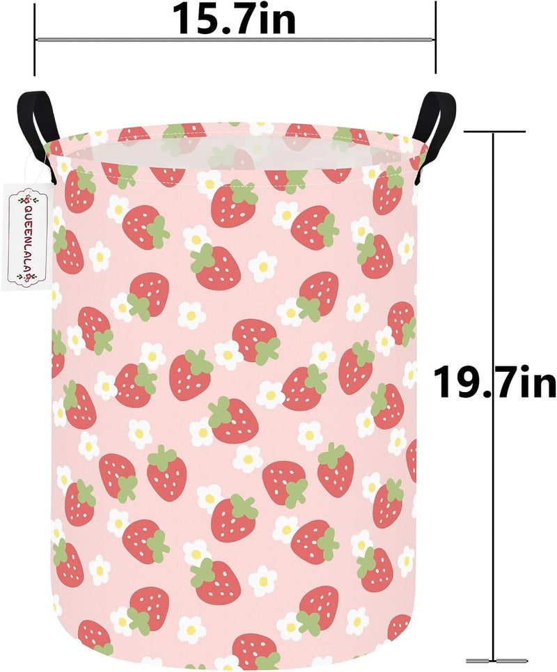 QUEENLALA Large Storage Basket,Laundry Hamper/Bathroom/Home Decor/Collapsible Round Storage Bin,Boys and Girls Hamper/Boxes/Clothing(Round-Pink Strawberry) - Image 2