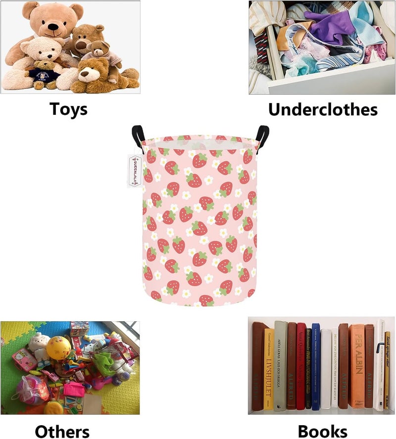 QUEENLALA Large Storage Basket,Laundry Hamper/Bathroom/Home Decor/Collapsible Round Storage Bin,Boys and Girls Hamper/Boxes/Clothing(Round-Pink Strawberry) - Image 3