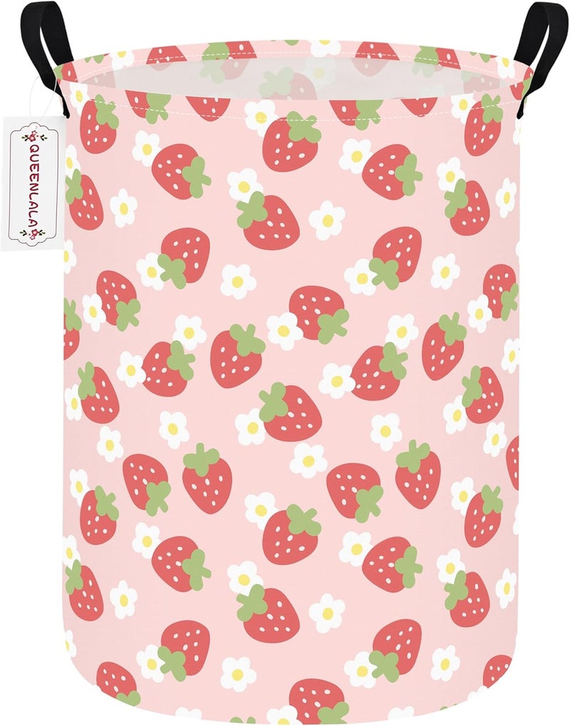 QUEENLALA Large Storage Basket,Laundry Hamper/Bathroom/Home Decor/Collapsible Round Storage Bin,Boys and Girls Hamper/Boxes/Clothing(Round-Pink Strawberry) - Image 1