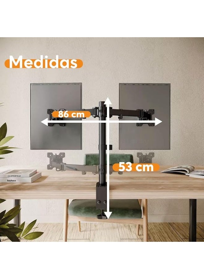Dual Monitor Stand and Desk Arm for 15 to 30 Inch Screens, Full Motion Mount with 8kg Load Capacity and Cable Organizer, Black - Image 4