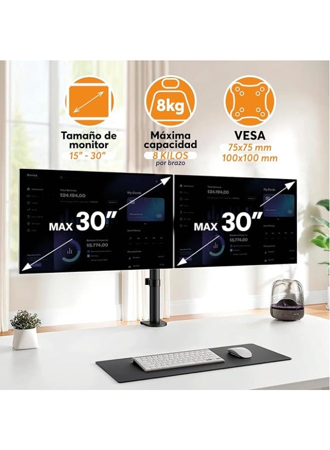 Dual Monitor Stand and Desk Arm for 15 to 30 Inch Screens, Full Motion Mount with 8kg Load Capacity and Cable Organizer, Black - Image 3