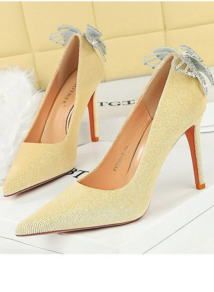 BIGTREE Women's Closed Pointed Toe Stiletto Pumps Suede Rhinestone Bowknot Decoration High Heels 10CM Beige - Image 1