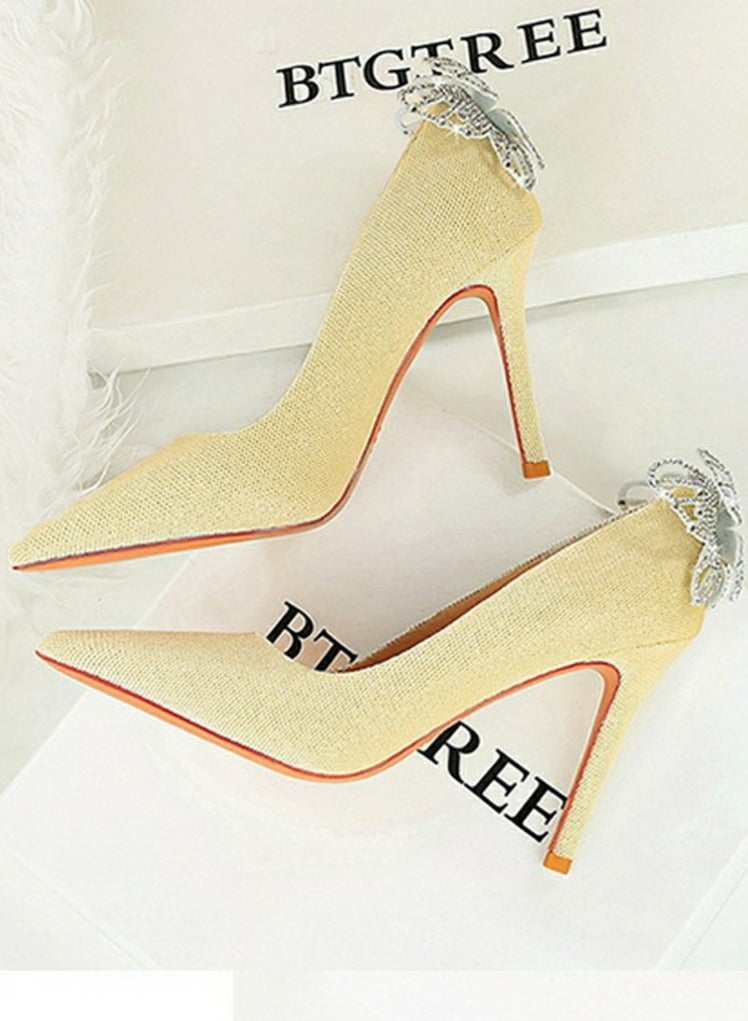 BIGTREE Women's Closed Pointed Toe Stiletto Pumps Suede Rhinestone Bowknot Decoration High Heels 10CM Beige - Image 3