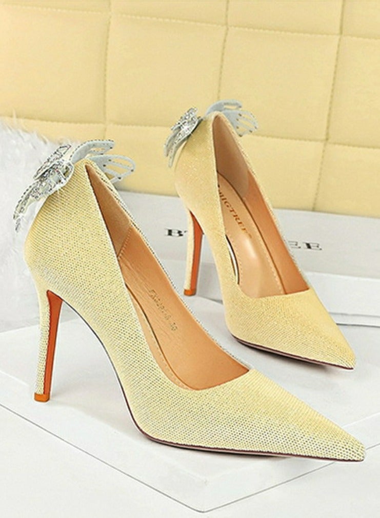 BIGTREE Women's Closed Pointed Toe Stiletto Pumps Suede Rhinestone Bowknot Decoration High Heels 10CM Beige - Image 2