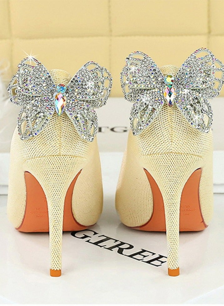 BIGTREE Women's Closed Pointed Toe Stiletto Pumps Suede Rhinestone Bowknot Decoration High Heels 10CM Beige - Image 4