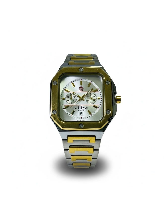 LEEWAS Apex Chrono  Men’s Luxury Watch Two Tone Silver Gold Stainless Steel Square Dial Quartz Analog Water Resistant - Image 2