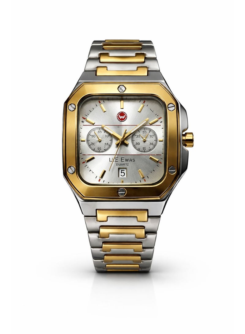 LEEWAS Apex Chrono  Men’s Luxury Watch Two Tone Silver Gold Stainless Steel Square Dial Quartz Analog Water Resistant - Image 1