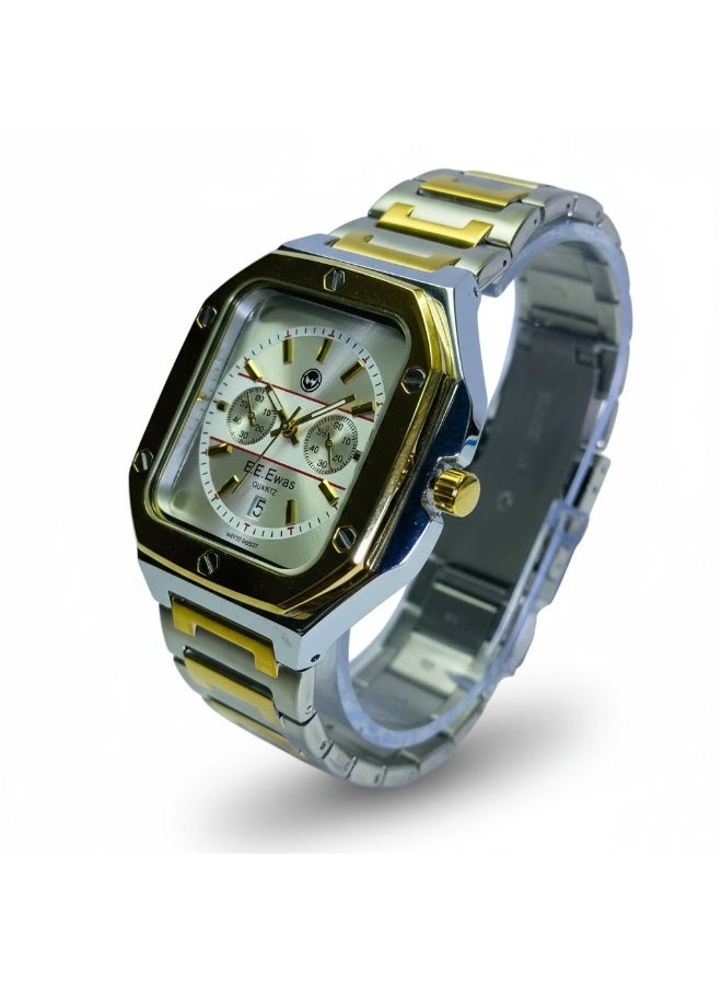 LEEWAS Apex Chrono  Men’s Luxury Watch Two Tone Silver Gold Stainless Steel Square Dial Quartz Analog Water Resistant - Image 3