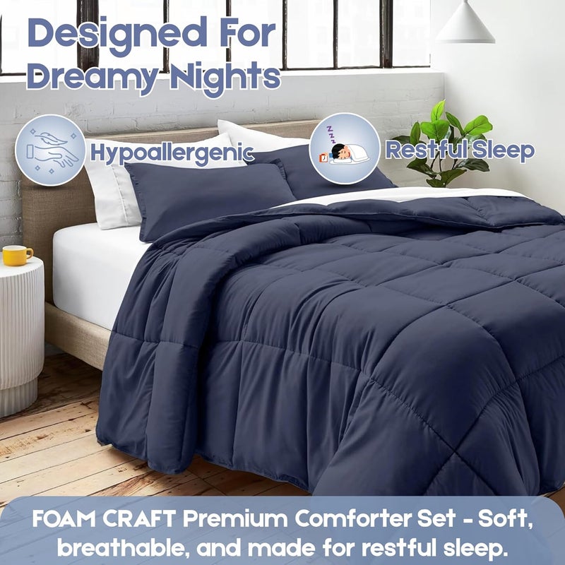 FOAM CRAFT 3 Piece Bed Comforter Set - Cozy Down Alternative Filled Comforter & 2 Pillow Shams, California King Size (Navy, 220 x 260cm) - Image 3