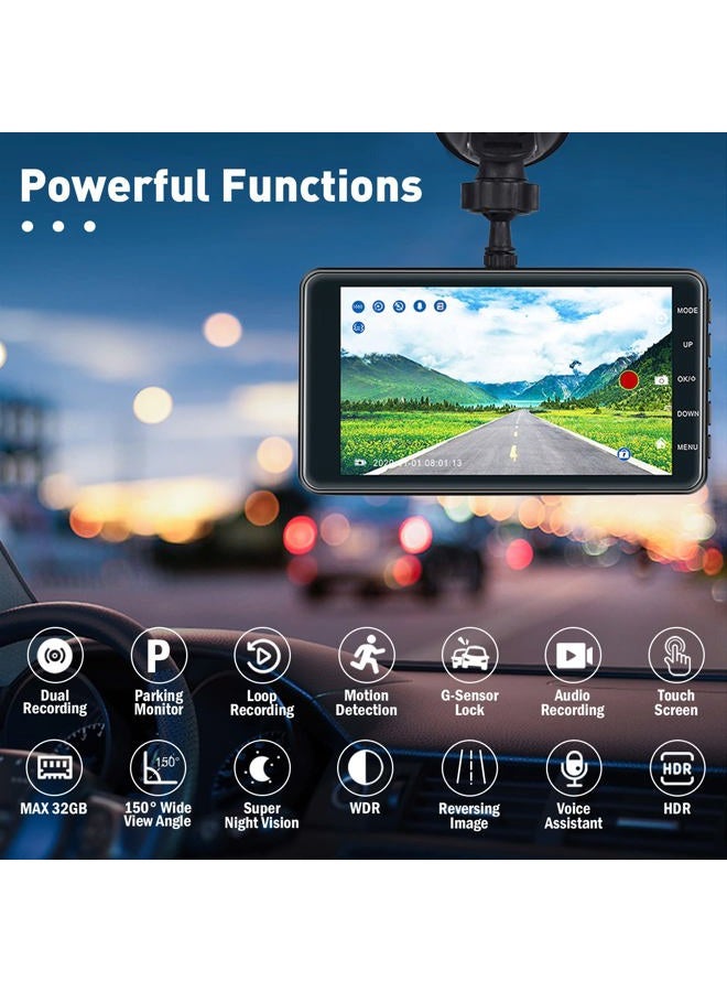 Roinvou Dual Dash Cam Front and Rear View, 4'' LCD Touch Screen FHD 1080P Dashboard Camera Recorder Car Dashcam with Rear Camera, G-Sensor, HDR, Loop Recording, Parking Mode, Motion Detection - Image 2
