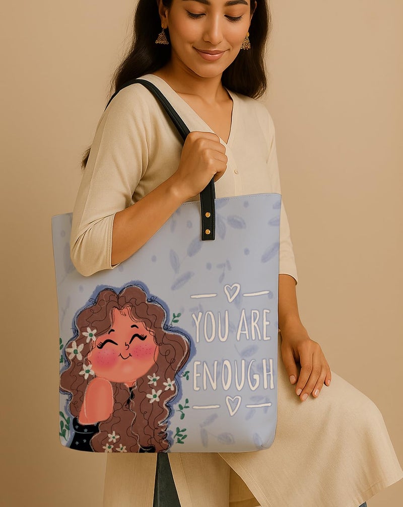 Kalankit Classic Tote Bag For Women | Canvas Printed Totes For Women | Aesthetic Shoulder College Bag For Girls | Vegan Leather Lightweight Everyday Handbag | Gift for Woman | You are enough - Image 2