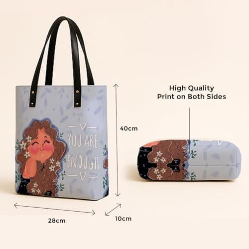Kalankit Classic Tote Bag For Women | Canvas Printed Totes For Women | Aesthetic Shoulder College Bag For Girls | Vegan Leather Lightweight Everyday Handbag | Gift for Woman | You are enough - Image 4