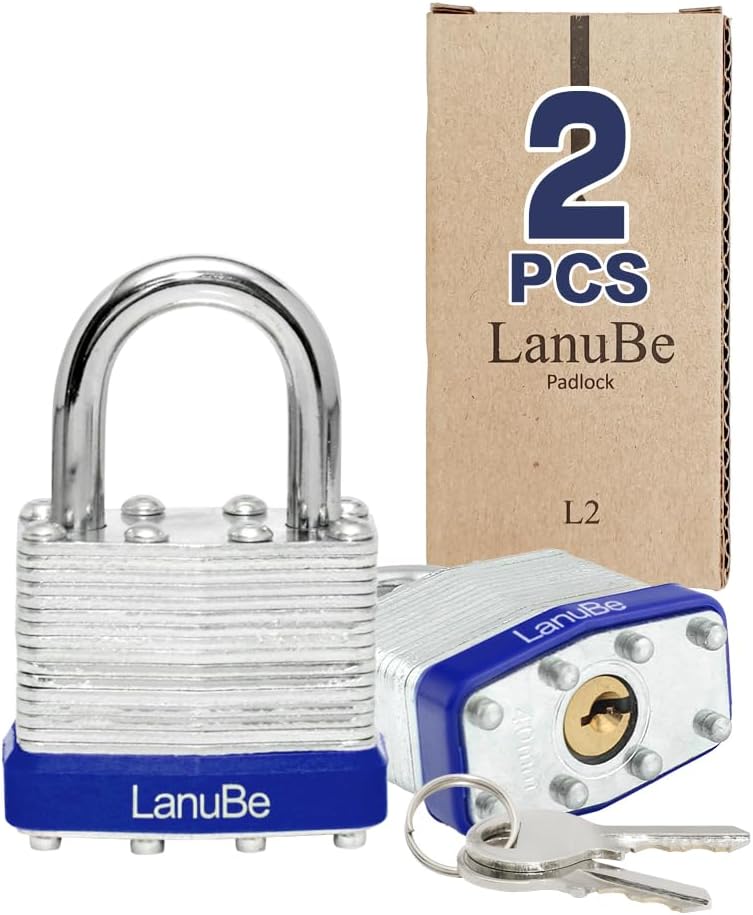 LanuBe Lock Laminated keyed Padlock (1-9/16", 40mm), keyed Alike Locks, Normal Shackle, Marked Blue Plastic Hoop, Pack of 2 - Image 1