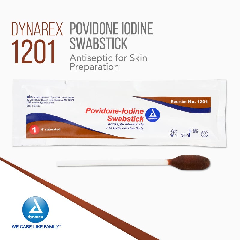 Dynarex Povidone Iodine Swabsticks, Swabstick Packaged in Individual Foil Pack, Antiseptic for Skin Preparation, Brown, 1 Box of 50  Povidone Iodine Swabsticks - Image 2